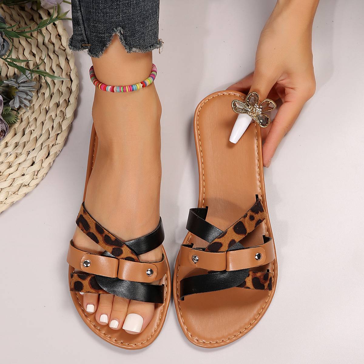 Leopard Print Sandals with Crossed Straps