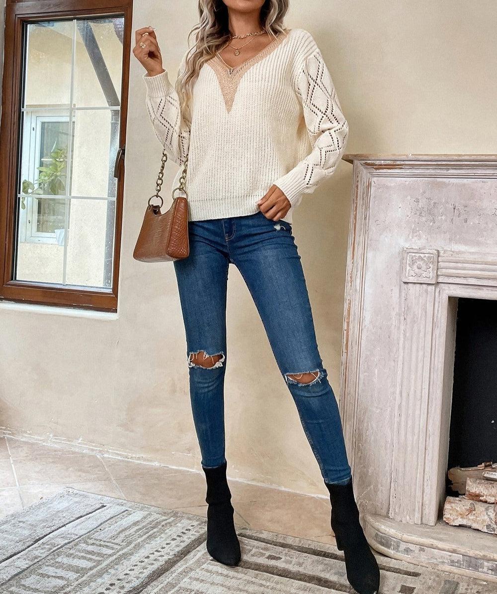 Marjolein | Gebreide kleurbloktrui met V-hals