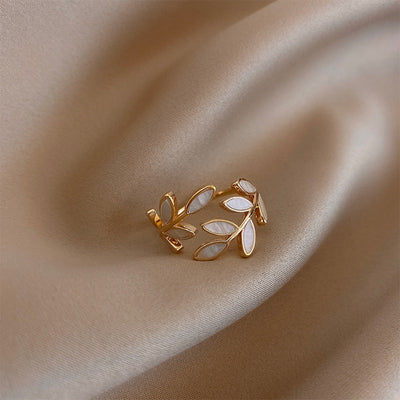 Pure White Opal Leaf Adjustable Ring