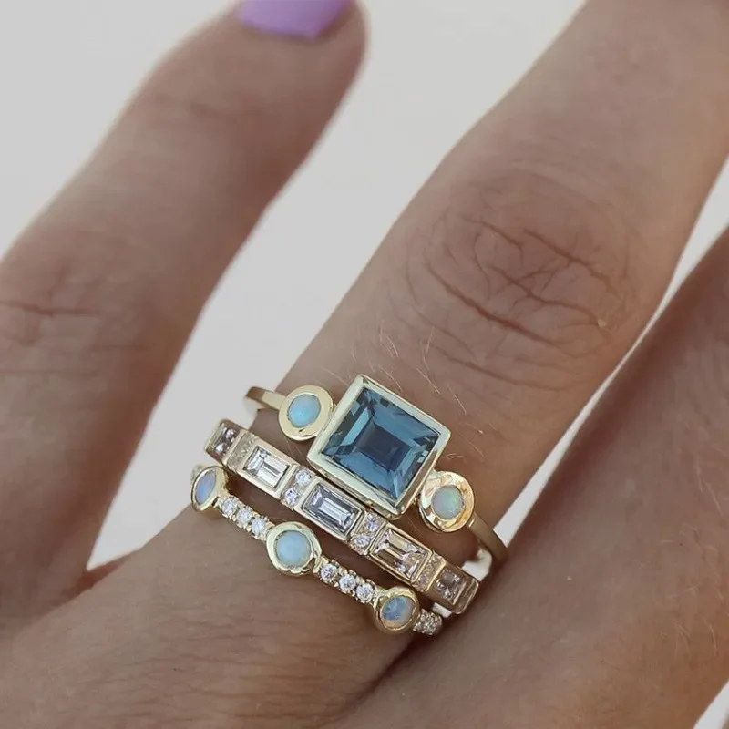 Ocean Vintage Blue Crystal Ring Set